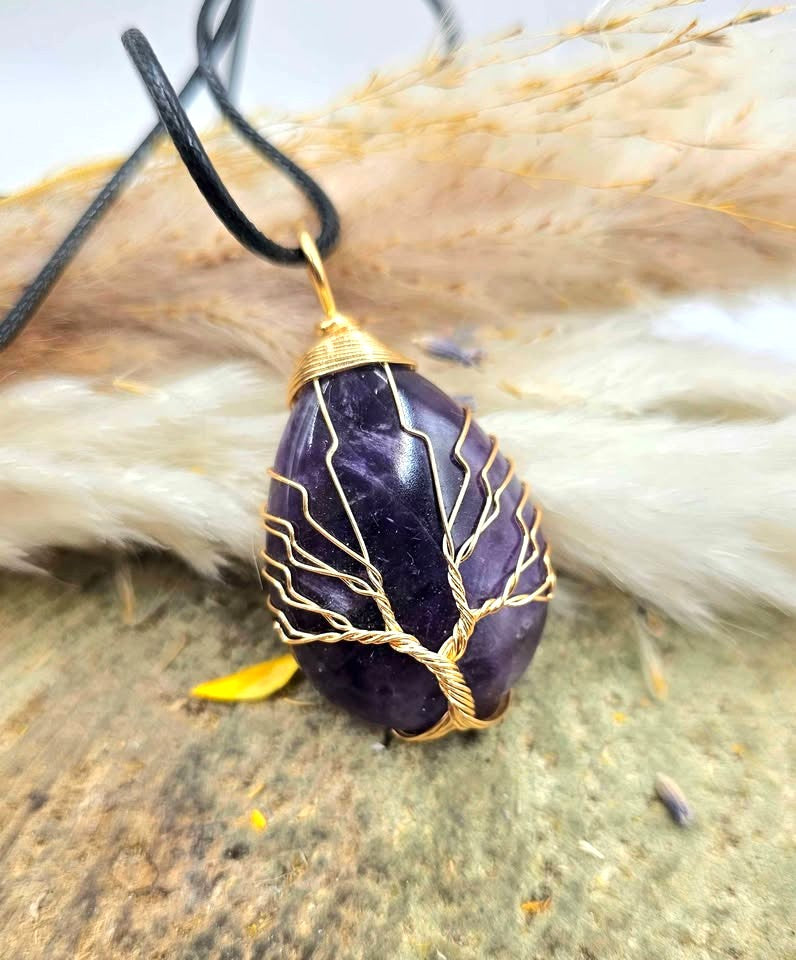 Nature Amethyst Teardrop Tree Of Life Pendant Necklace
