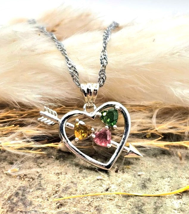 Nature Tourmaline Gemstones Arrow Heart Pendant Necklace