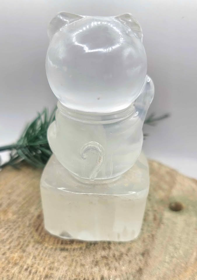 Premium Grade Nature Selenite Hand Carved 3.5" Fortune Cat Figure