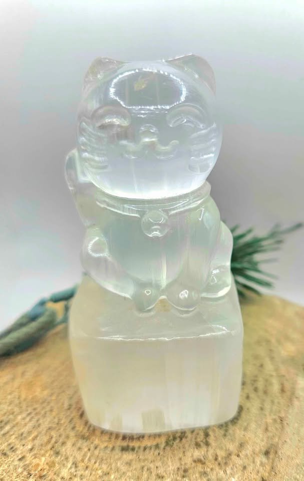 Premium Grade Nature Selenite Hand Carved 3.5" Fortune Cat Figure