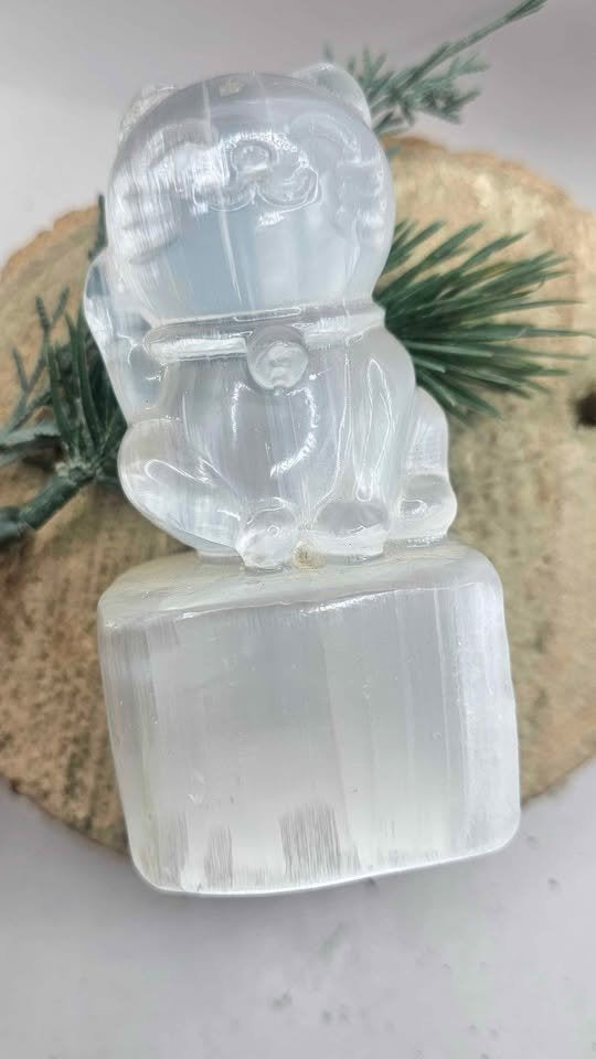 Premium Grade Nature Selenite Hand Carved 3.5" Fortune Cat Figure