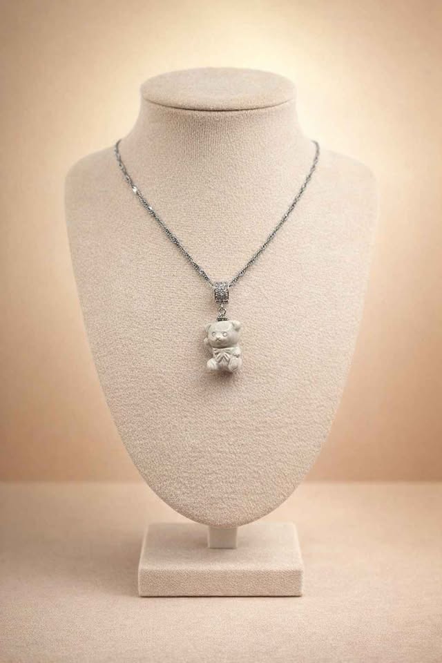 Nature Alashan Agate Hand Carved Bear Pendant Necklace