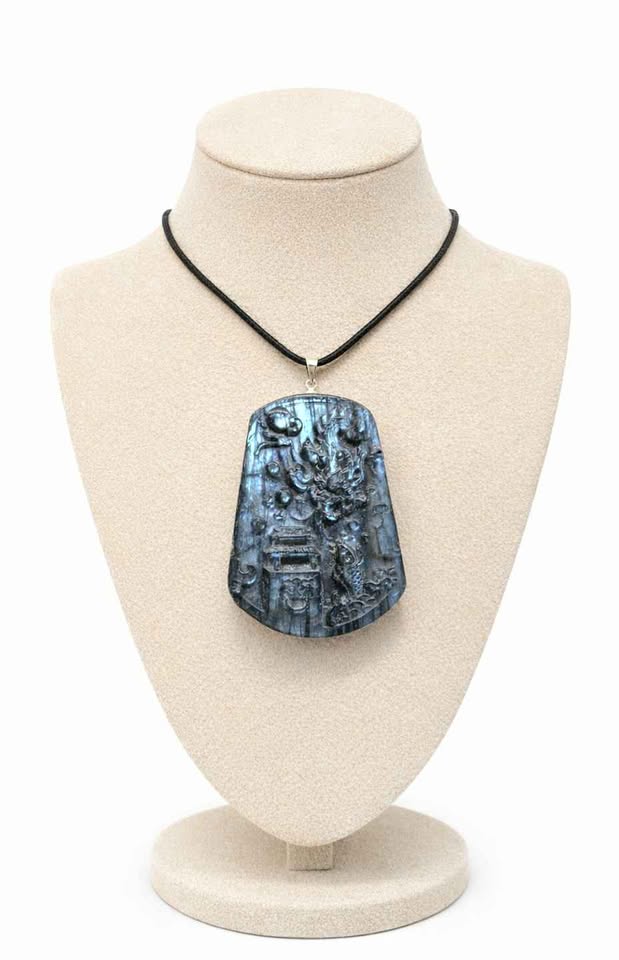 Nature Labradorite Oriented Dragon And Palace Pendant Necklace