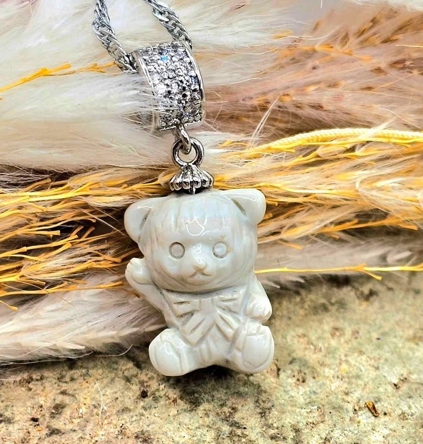 Nature Alashan Agate Hand Carved Bear Pendant Necklace
