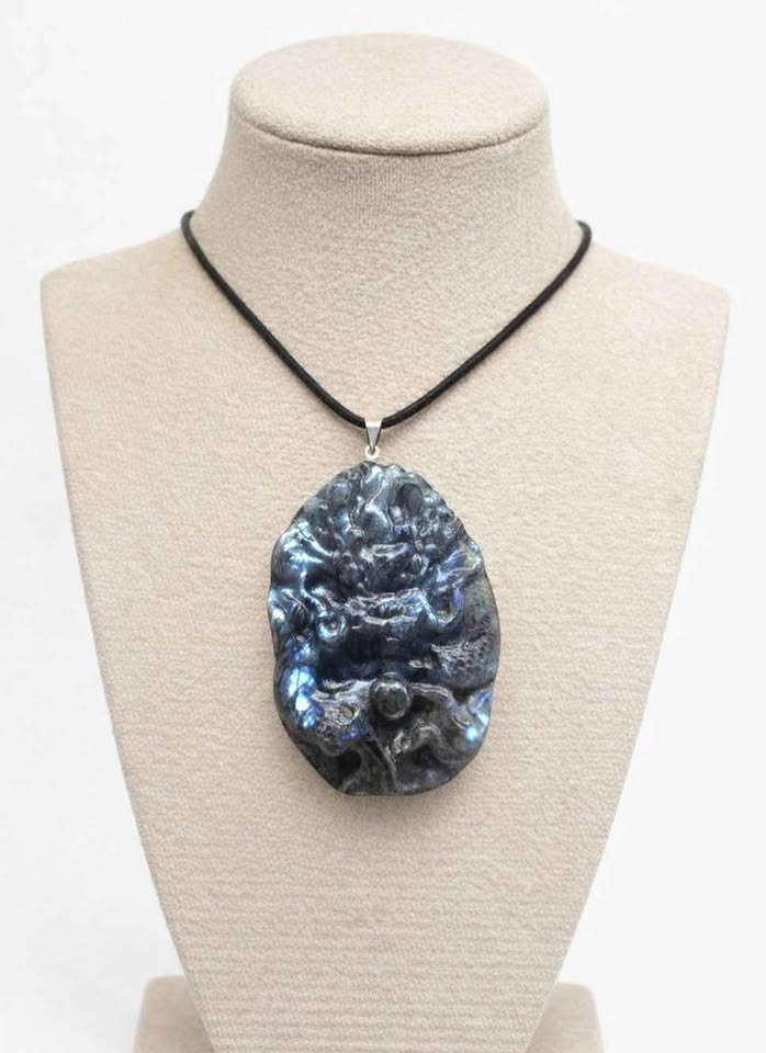 Nature Labradorite Flying Oriental Dragon Pendant Necklace.
