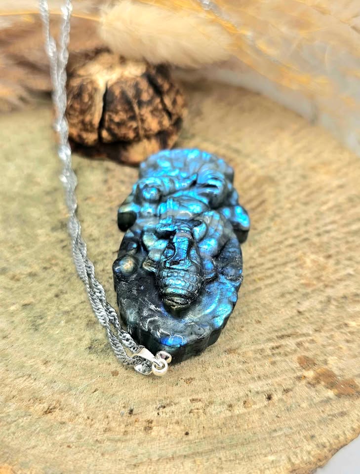 Nature Labradorite Carved Elephant God Ganesha Pendant Necklace