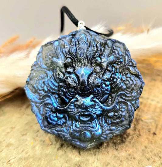 Nature Labradorite Carved Oriental Dragon Pendant Necklace