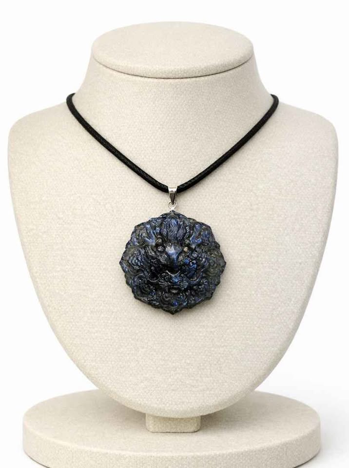 Nature Labradorite Carved Oriental Dragon Pendant Necklace