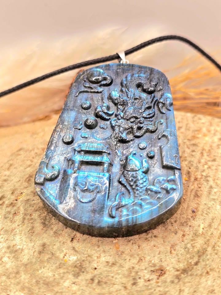 Nature Labradorite Oriented Dragon And Palace Pendant Necklace