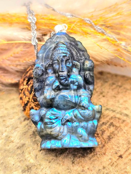 Nature Labradorite Carved Elephant God Ganesha Pendant Necklace