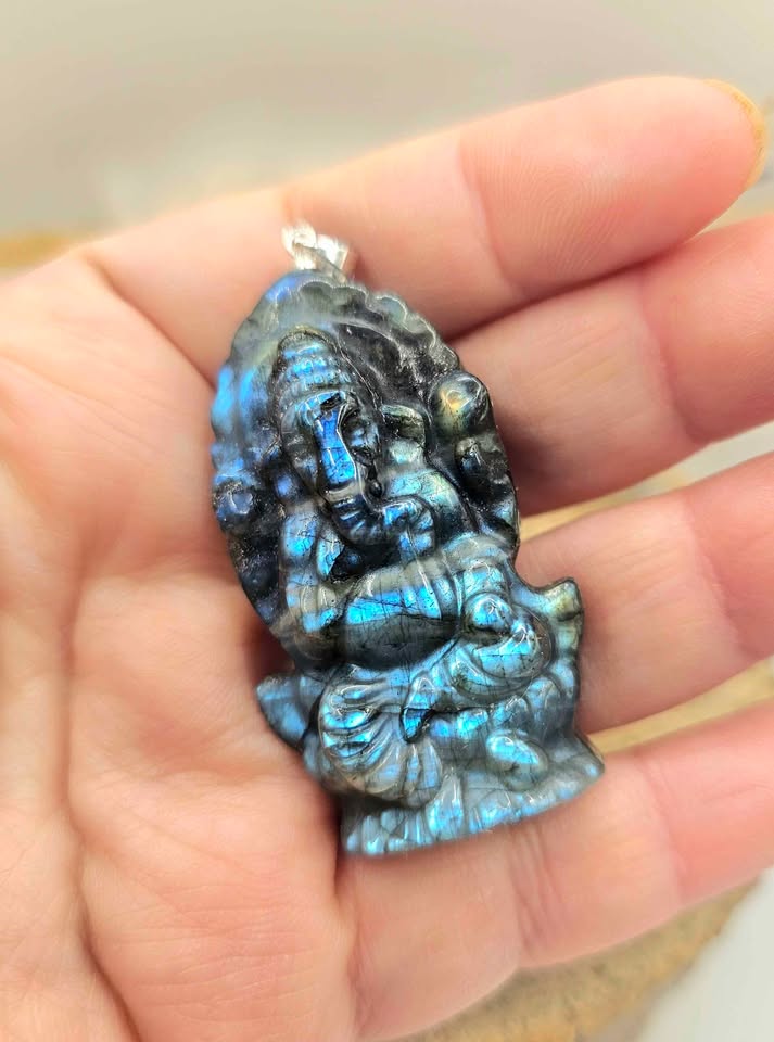 Nature Labradorite Carved Elephant God Ganesha Pendant Necklace