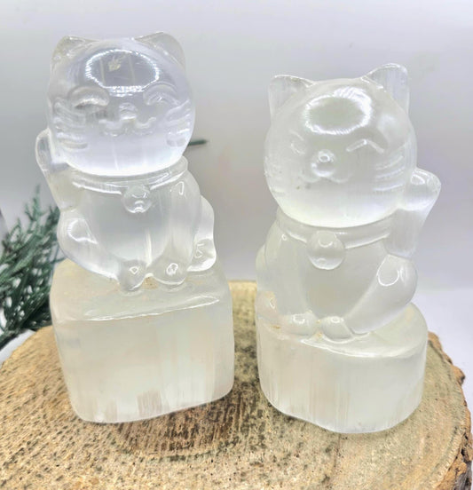 Premium Grade Nature Selenite Hand Carved 4" Fortune Cat Figure