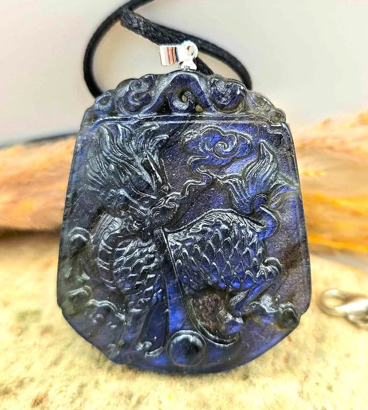 Nature Labradorite Foo Dog Big Pendant Necklace