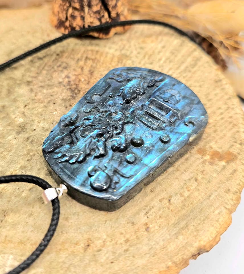 Nature Labradorite Oriented Dragon And Palace Pendant Necklace
