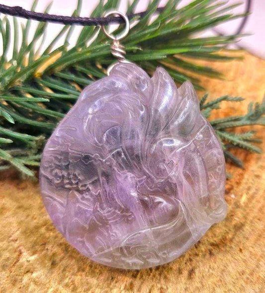 Nature Purple Fluorite Hand Carved Nine Tails Fox Pendant Necklace