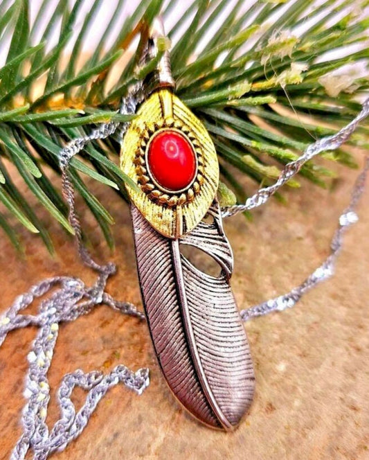 Beautiful Red Agate Two Tone Artistic Double Leaf Pendant Necklace