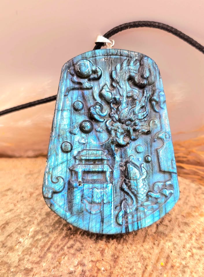 Nature Labradorite Oriented Dragon And Palace Pendant Necklace