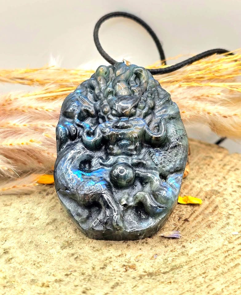 Nature Labradorite Flying Oriental Dragon Pendant Necklace.