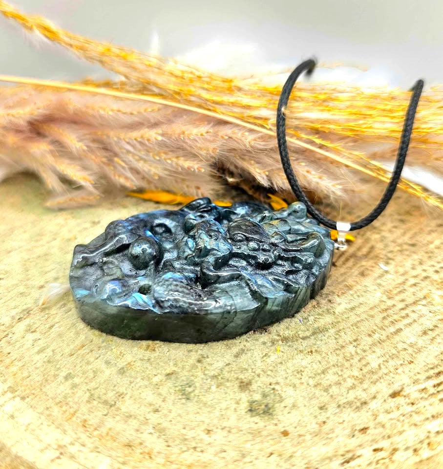 Nature Labradorite Flying Oriental Dragon Pendant Necklace.