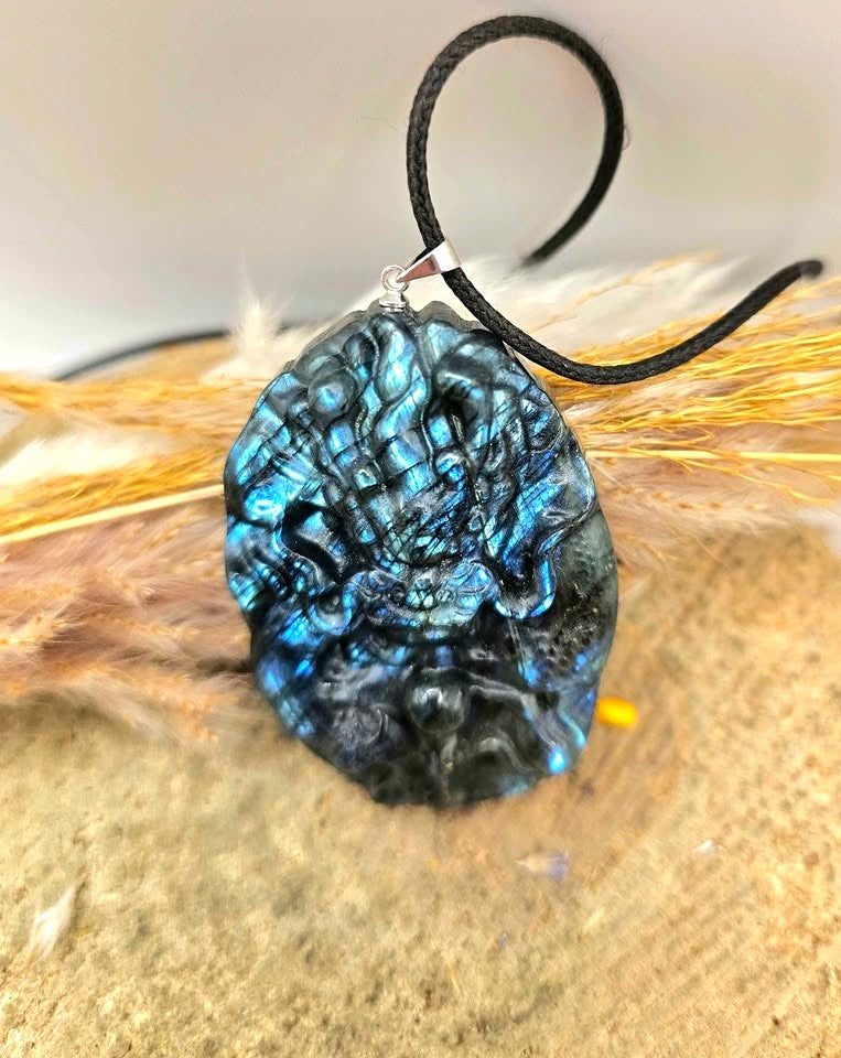 Nature Labradorite Flying Oriental Dragon Pendant Necklace.