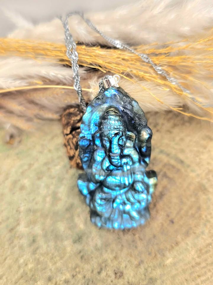 Nature Labradorite Carved Elephant God Ganesha Pendant Necklace
