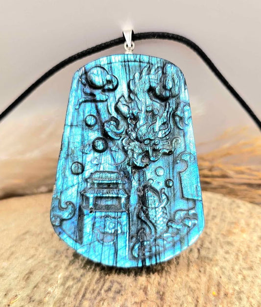 Nature Labradorite Oriented Dragon And Palace Pendant Necklace