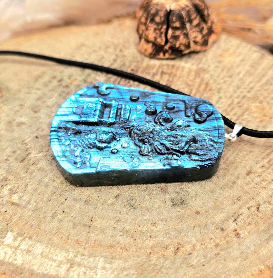 Nature Labradorite Oriented Dragon And Palace Pendant Necklace