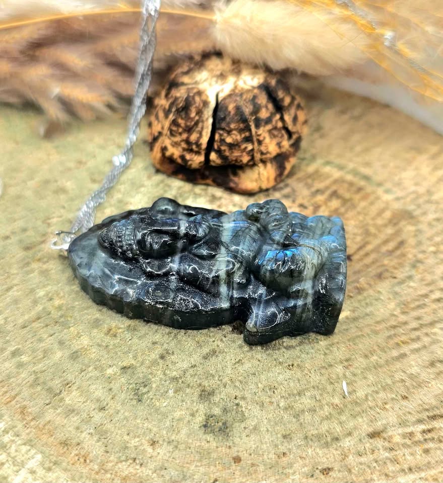 Nature Labradorite Carved Elephant God Ganesha Pendant Necklace