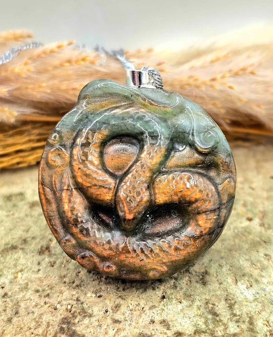 Nature Labradorite Snake Wrapped Medallion Pendant Necklace