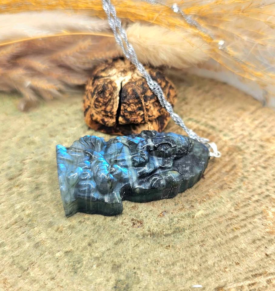 Nature Labradorite Carved Elephant God Ganesha Pendant Necklace