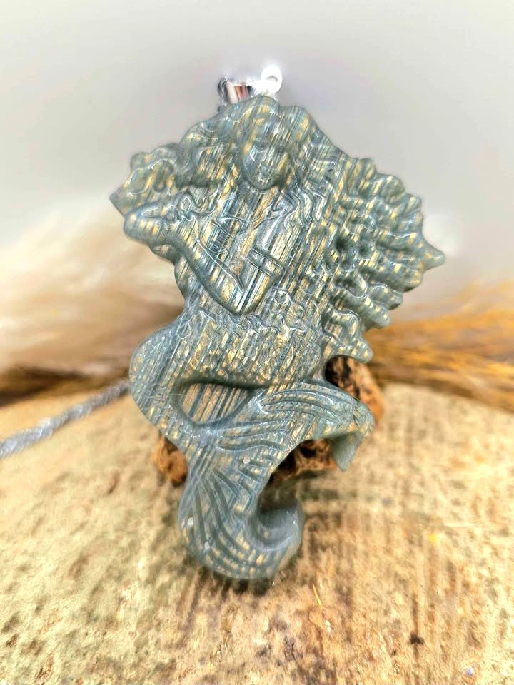Nature Labradorite Mermaid Big Pendant Necklace