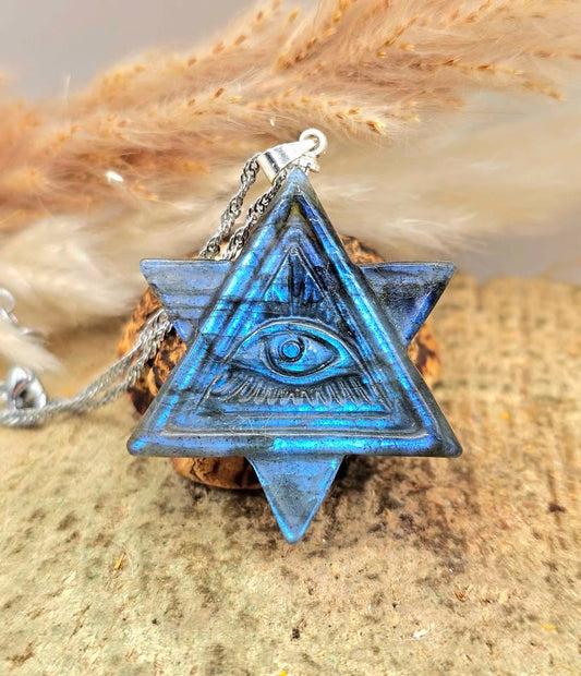 Nature Labradorite Pyramid Masonic All See Eye Pendant Necklace