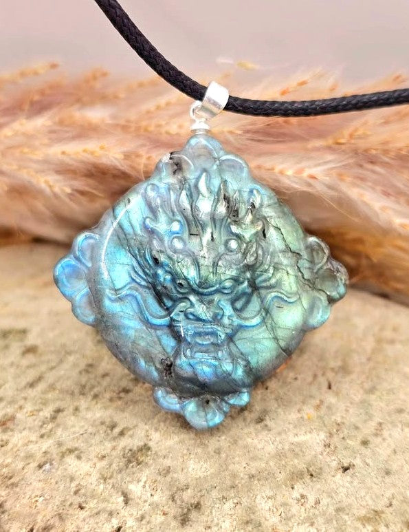 Nature Labradorite Oriental Dragon &amp; Sun Pendant Necklace