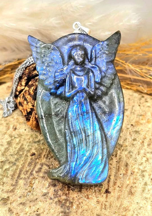 Nature Labradorite Carved Flashy Praying Angel Pendant Necklace