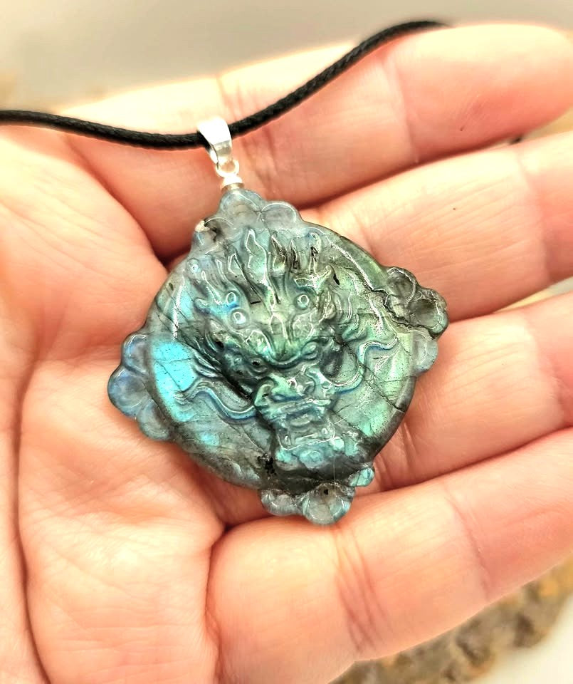 Nature Labradorite Oriental Dragon &amp; Sun Pendant Necklace