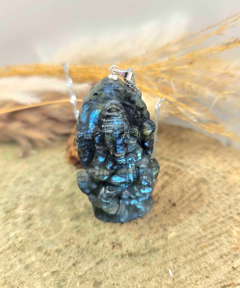 Nature Labradorite Carved Elephant God Ganesha Pendant Necklace