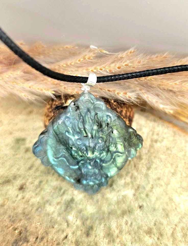 Nature Labradorite Oriental Dragon &amp; Sun Pendant Necklace
