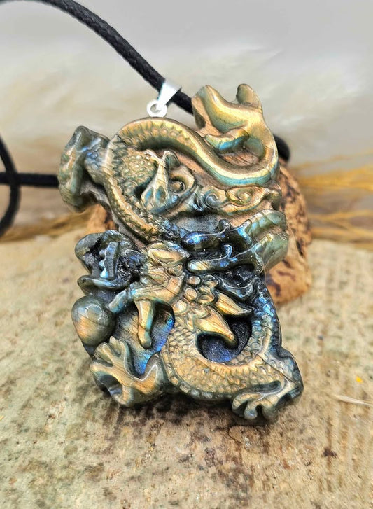 Nature Labradorite Carved Oriental Dragon Pendant Necklace