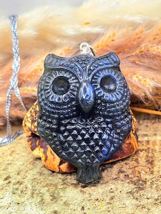 Nature Labradorite Carved Owl Pendant Necklace