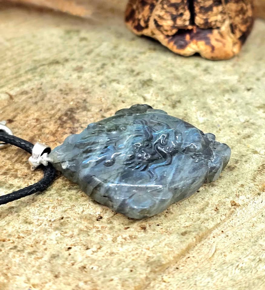 Nature Labradorite Oriental Dragon &amp; Sun Pendant Necklace