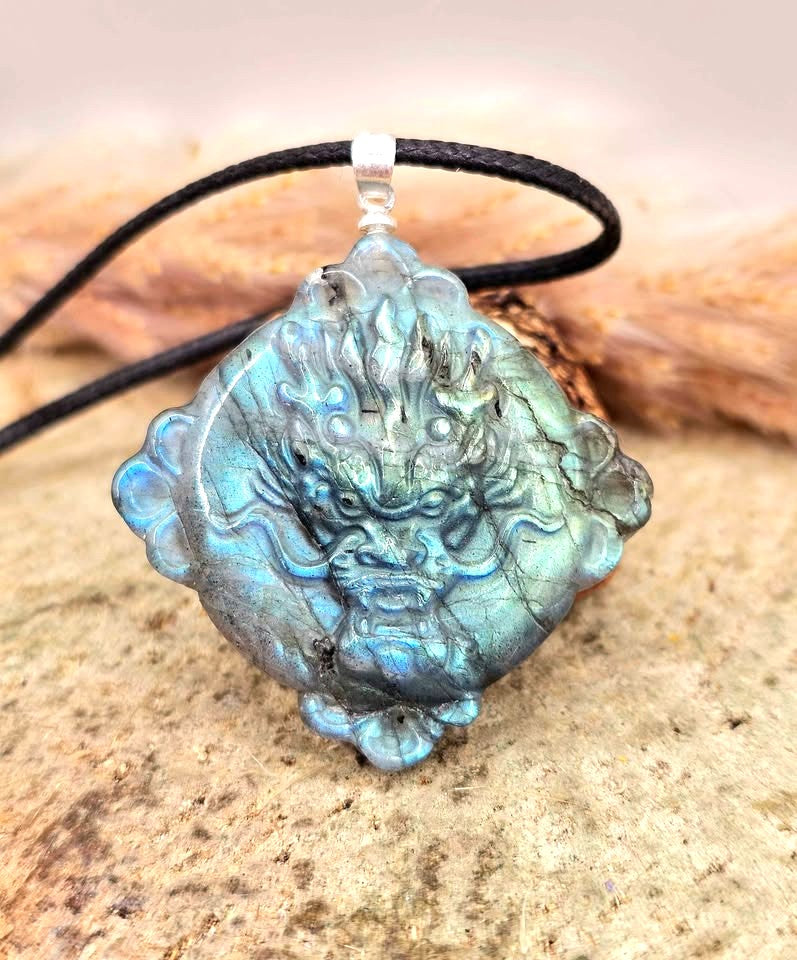 Nature Labradorite Oriental Dragon &amp; Sun Pendant Necklace