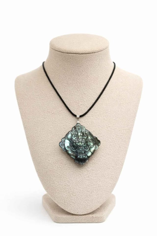 Nature Labradorite Oriental Dragon &amp; Sun Pendant Necklace
