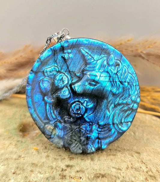 Nature Labradorite Unicorn And Flowers Pendant Necklace