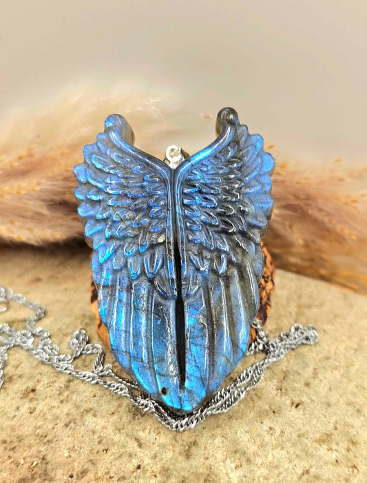 Nature Labradorite Carved Angel Wing Pendant Necklace
