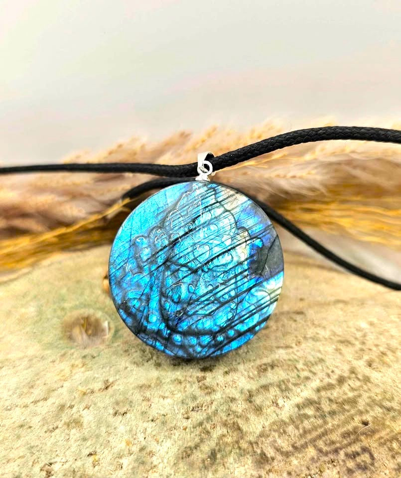 Nature Labradorite Tibetan Buddhism Wrathful Deity Pendant Necklace.