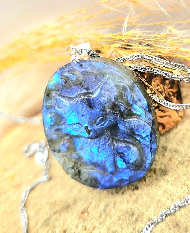 Nature Labradorite Nine Tails Fox Pendant Necklace