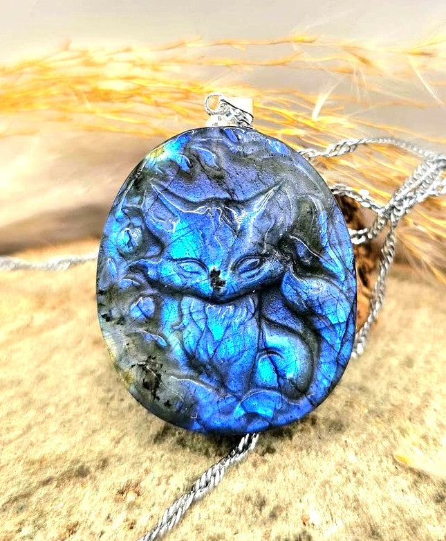 Nature Labradorite Nine Tails Fox Pendant Necklace