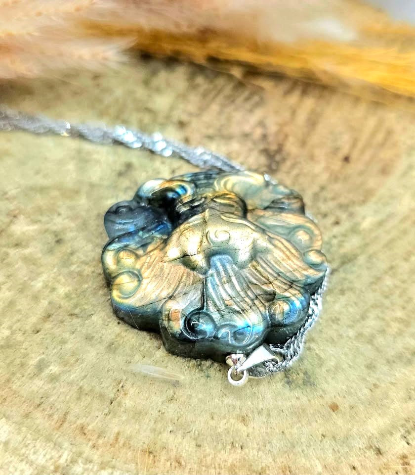 Nature Labradorite Nine Tails Fox God Pendant Necklace