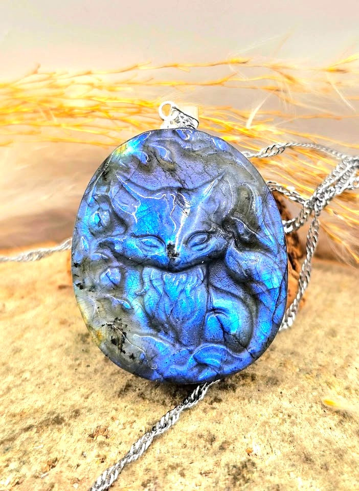 Nature Labradorite Nine Tails Fox Pendant Necklace