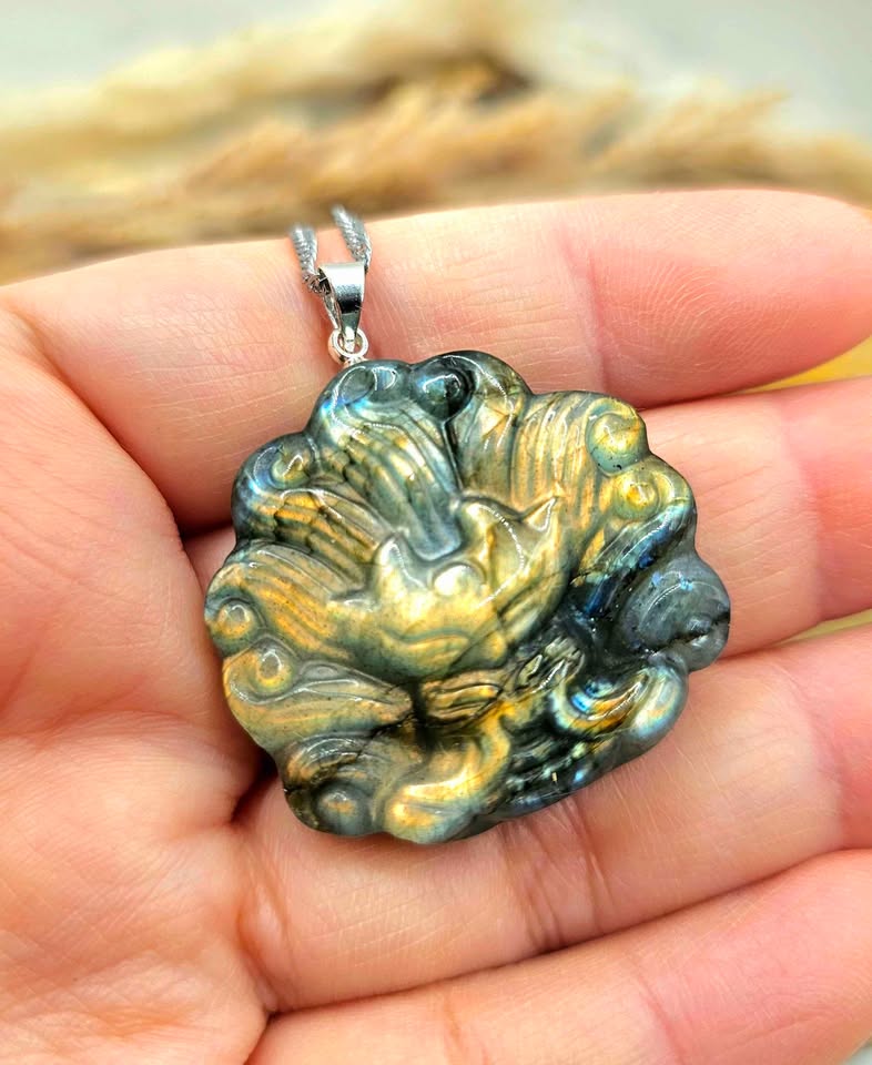 Nature Labradorite Nine Tails Fox God Pendant Necklace
